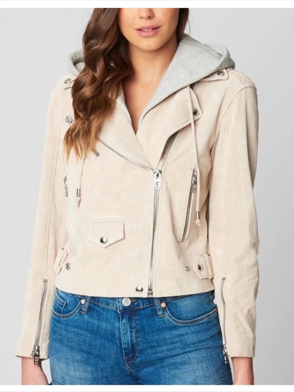BlankNYC Beige Women's Moto Jacket with Hood Leather Suede